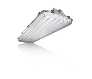 General area lighting distribution High-Bay Vaportight with heat shield available with 3 lamp T5 or T8.